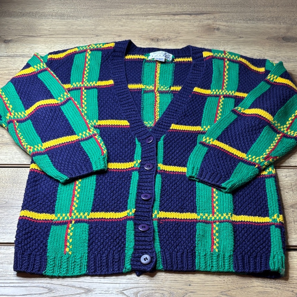 Izod Navy, Green & Yellow Plaid Knit Cardigan